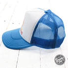 Neon blue and white foam trucker cap with "Have the Day You Deserve" slogan, adjustable mesh back, and branded logo.