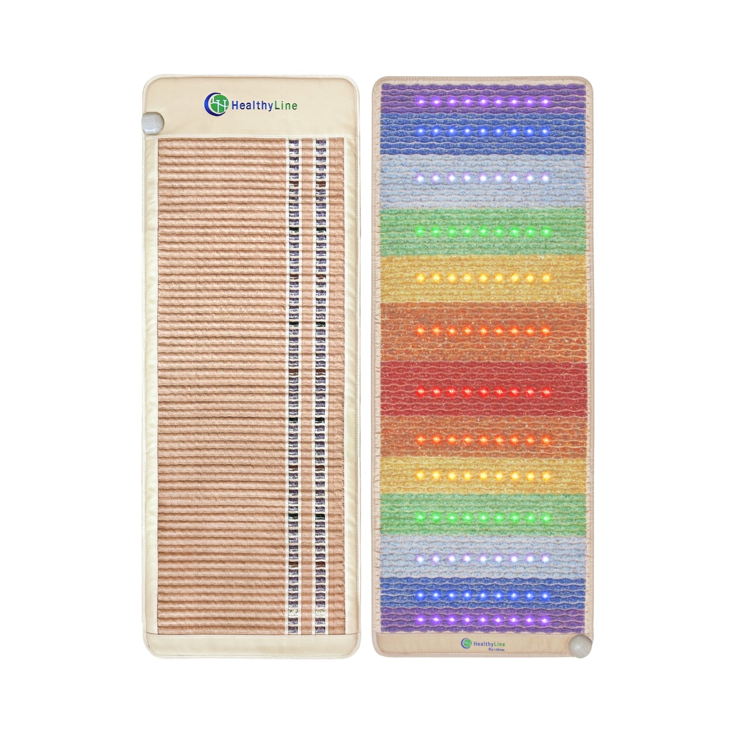 HealthyLine Rainbow Chakra 360 Wrap Set heating pad with colorful chakra design, 74x28 inches, for therapeutic heat therapy.