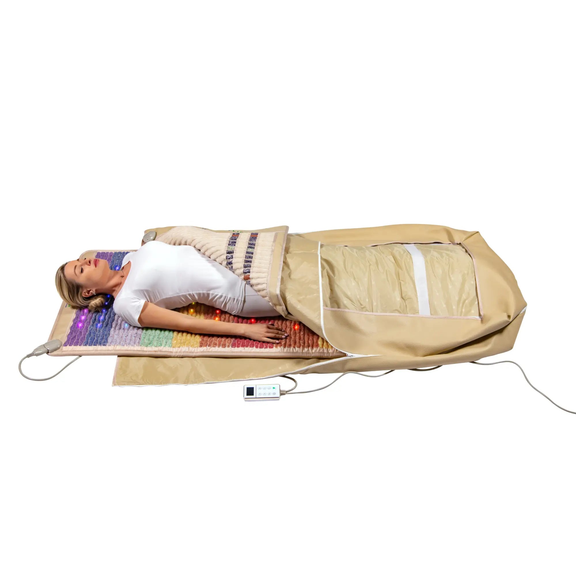 HealthyLine Rainbow Chakra 360 Wrap Set heating pad in rainbow chakra design, 74x28 inches for full-body heat therapy.