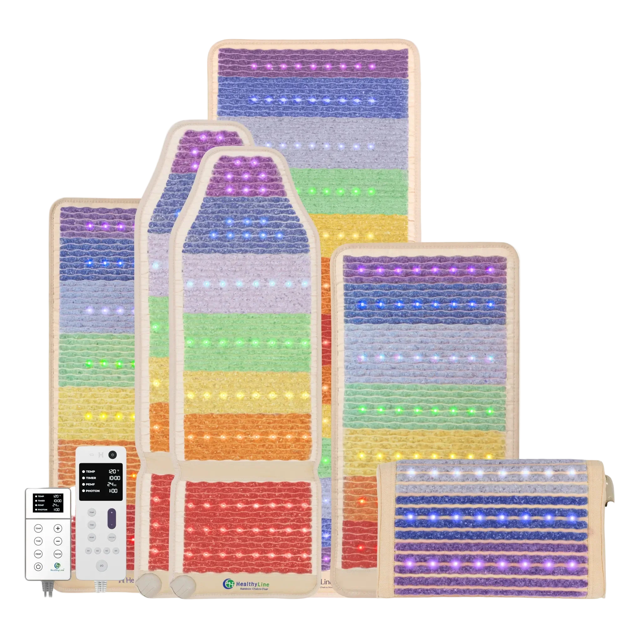 HealthyLine Rainbow Chakra Series PEMF Far Infrared Heating Pad, 74x28 inches, designed for therapeutic heat and chakra balancing.