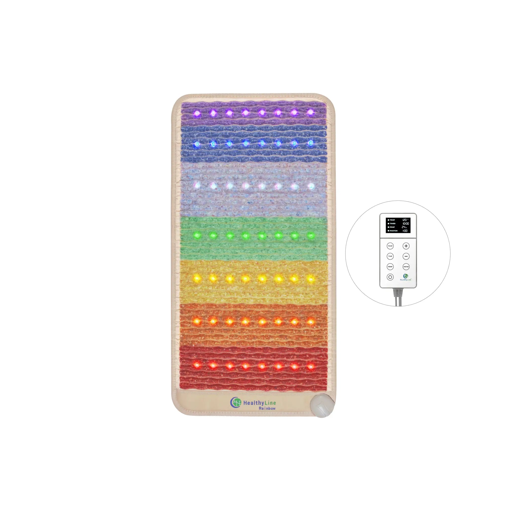 HealthyLine Rainbow Chakra Series PEMF Far Infrared Heating Pad, 74x28 inches, third edition, designed for therapeutic heat and chakra healing.
