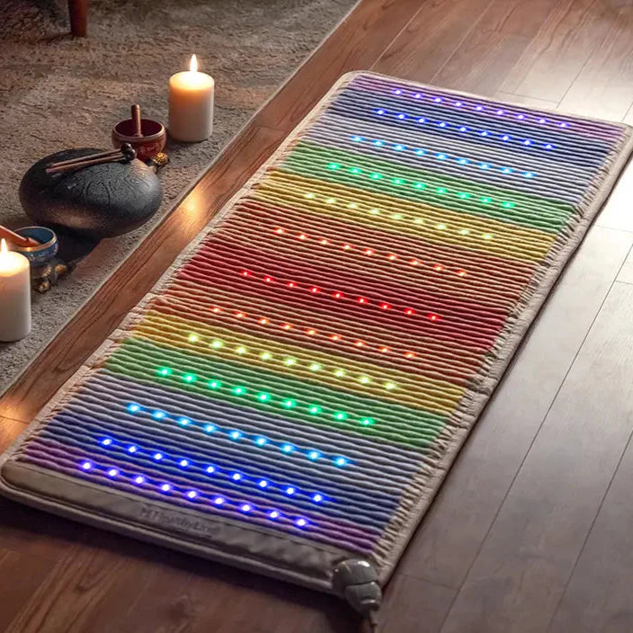 HealthyLine Rainbow Chakra Series PEMF far infrared heating pad, 74x28 inches, with colorful chakra design for therapeutic warmth.