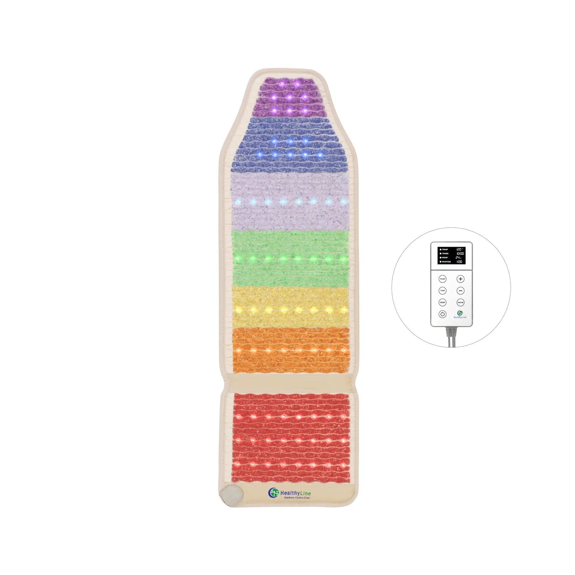 HealthyLine Rainbow Chakra Series PEMF Far Infrared Heating Pad, 74x28 inches, third edition, designed for pain relief and relaxation.