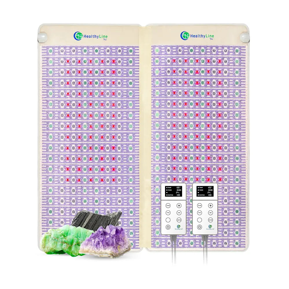 HealthyLine TAJ Bed Series heating pad on mattress topper, 110V queen size, with adjustable heat settings and plush fabric.