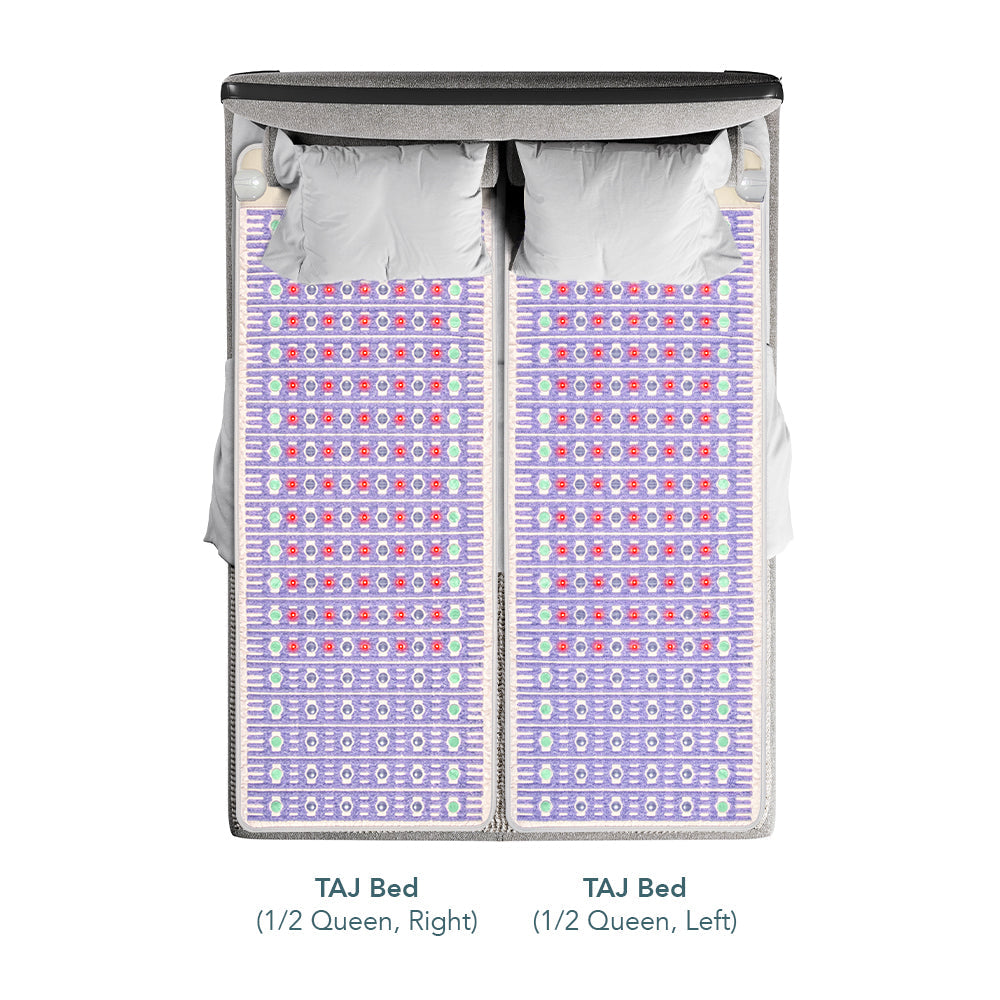 HealthyLine TAJ Bed Series heating pad on queen mattress, providing warm, soothing comfort for the mattress topper.