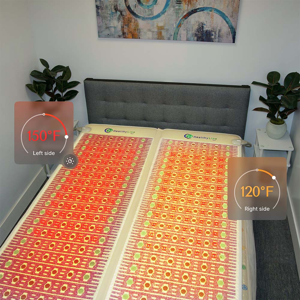HealthyLine The TAJ Bed Series heating pad on mattress topper, 110V queen size for comfort and relaxation.