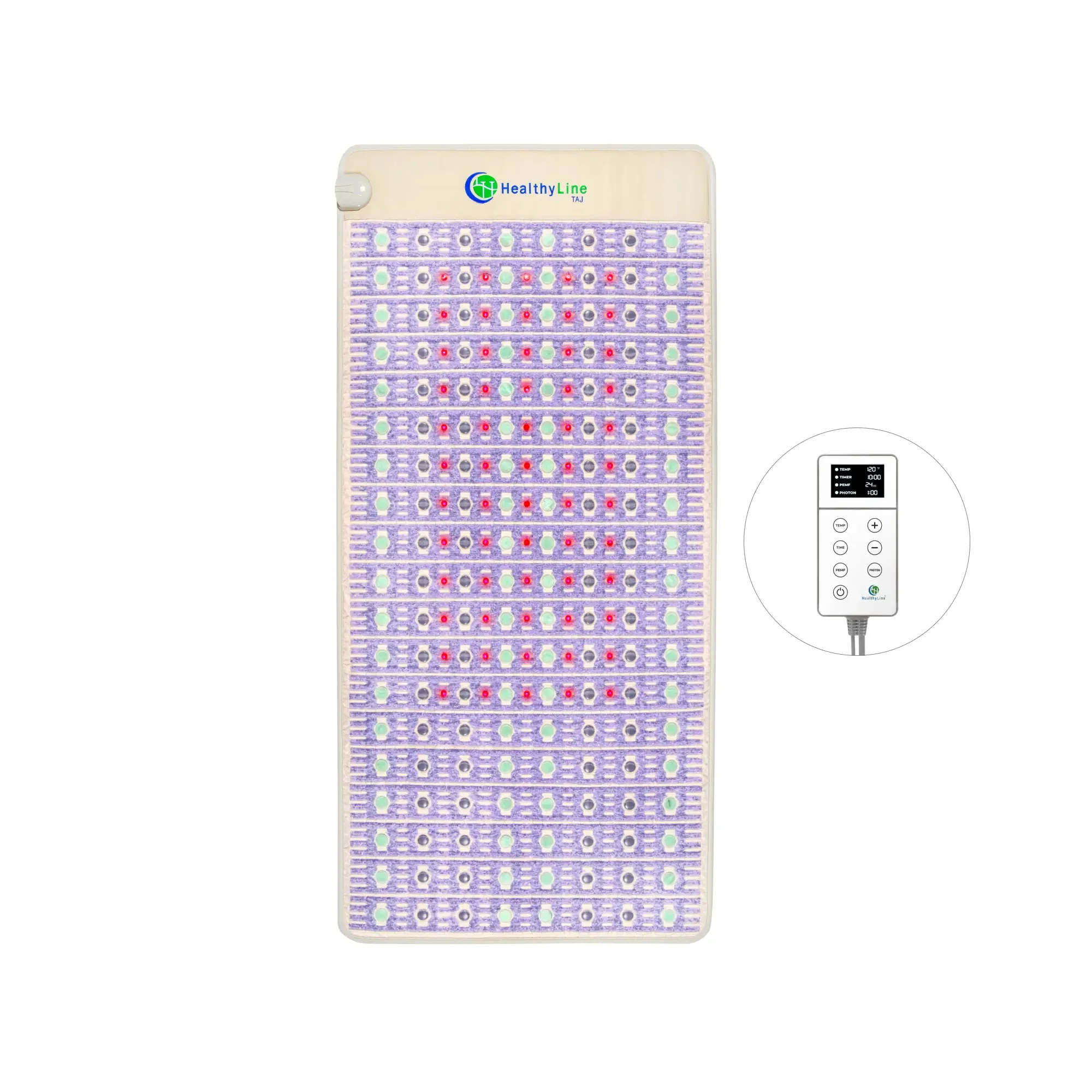 HealthyLine The TAJ Bed Series heating pad on mattress topper, 110V queen size, providing soothing warmth for restful sleep.