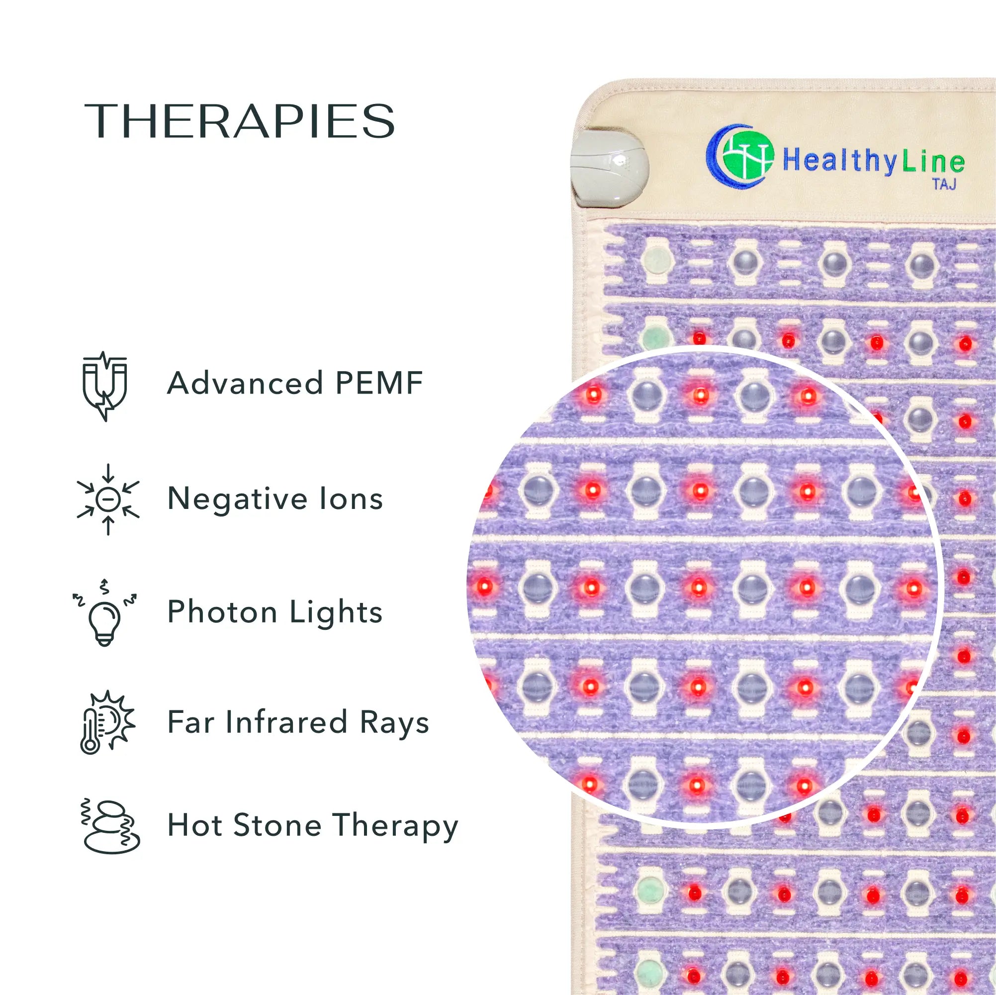 HealthyLine TAJ Series PEMF Far Infrared Heating Pad, 72x24 inches, black heating mat with control panel and infrared heating elements.