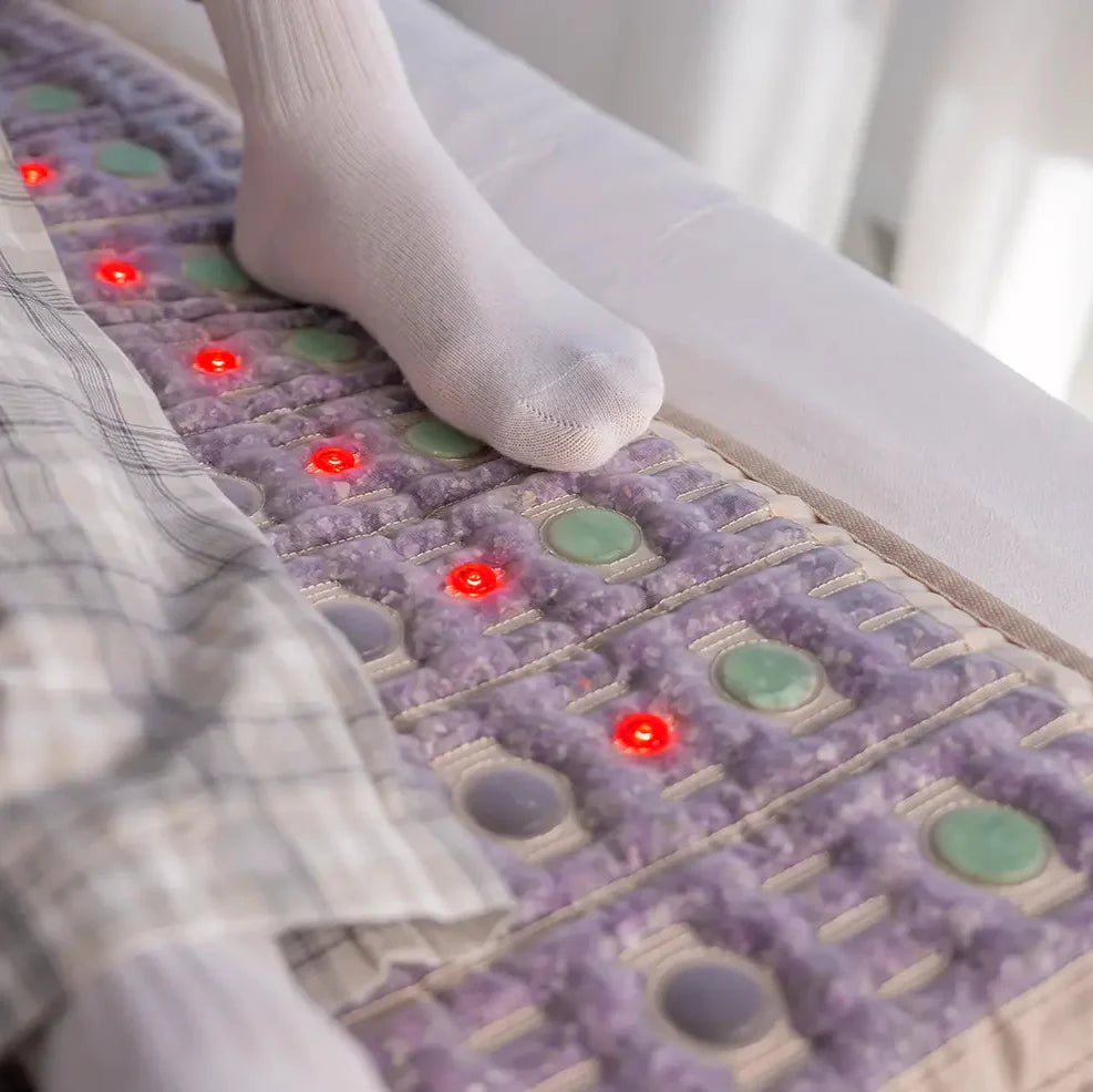 HealthyLine TAJ Series PEMF Far Infrared Heating Pad showing a large 72x24 inch heating mat with control panel and infrared heating elements.