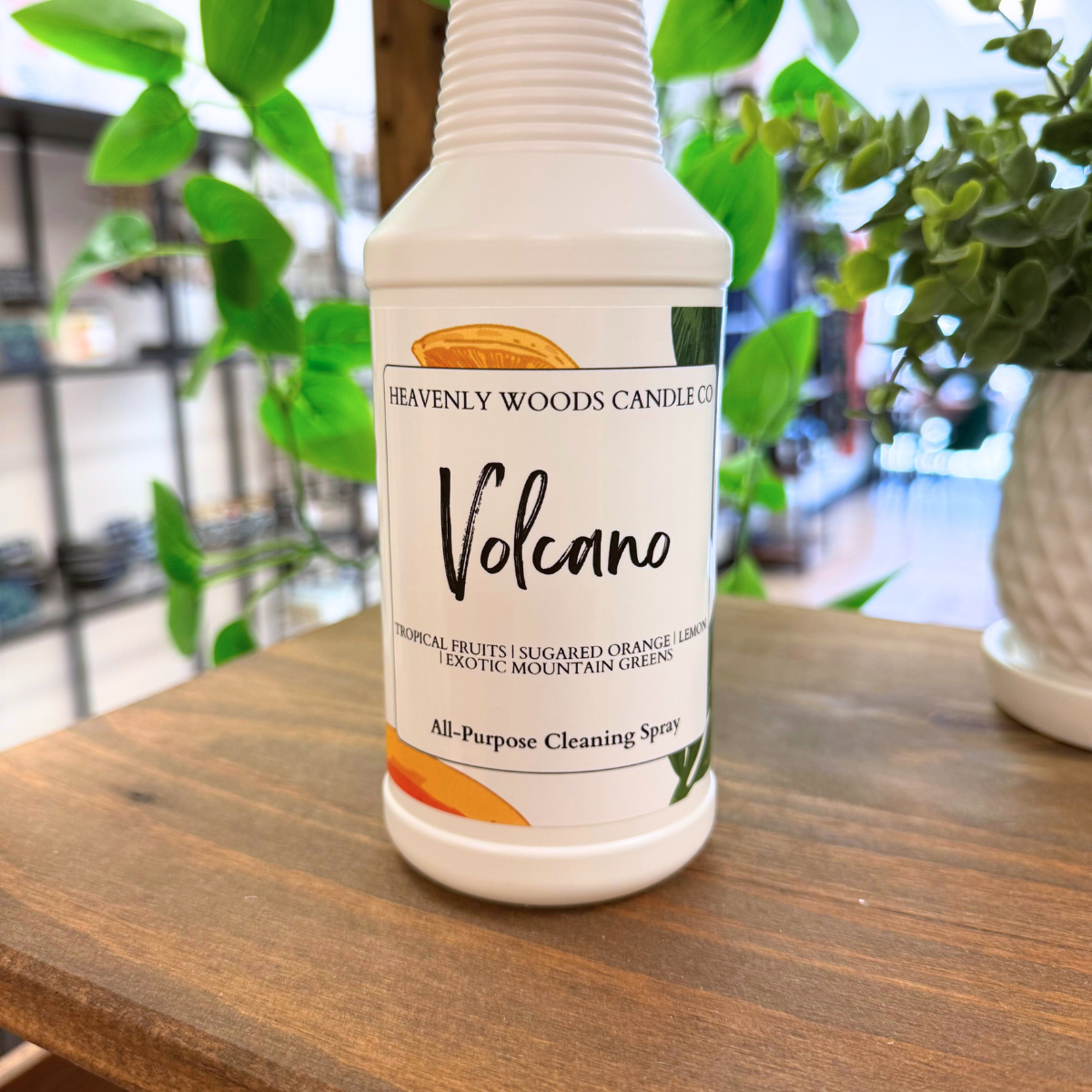 Heavenly Woods Candle Co Volcano All-Purpose Cleaning Spray bottle with label and spray nozzle, designed for household cleaning.