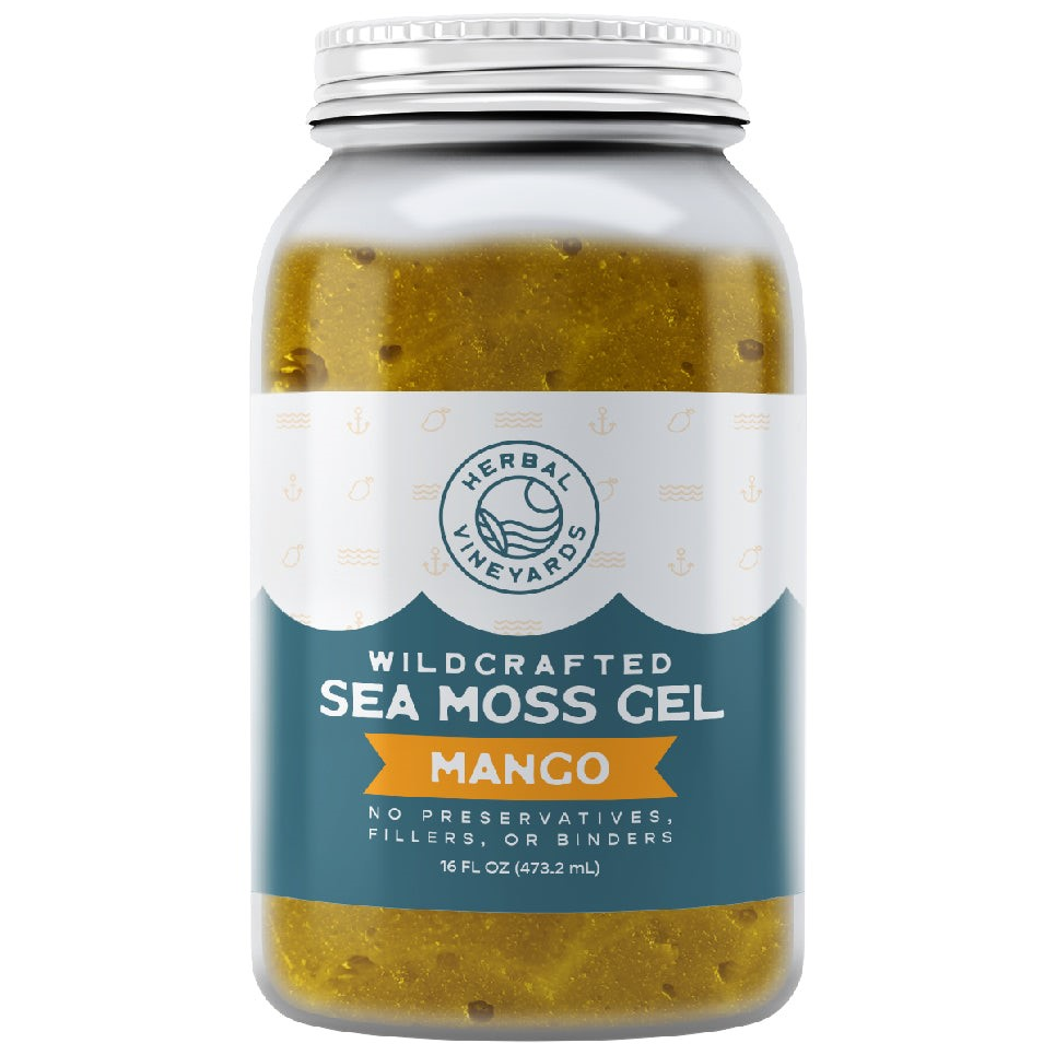 Herbal Vineyards mango sea moss gel in a clear jar, showcasing the vibrant orange gel inside. Natural and fresh appearance.