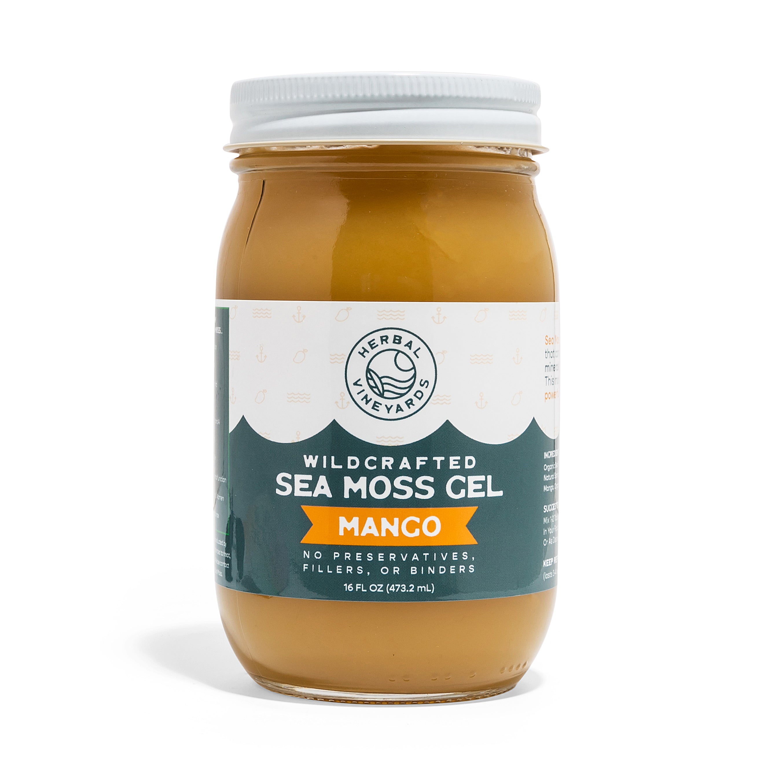 Herbal Vineyards Mango Sea Moss Gel in a clear jar, showcasing the textured, gel-like consistency with a mango flavor theme.