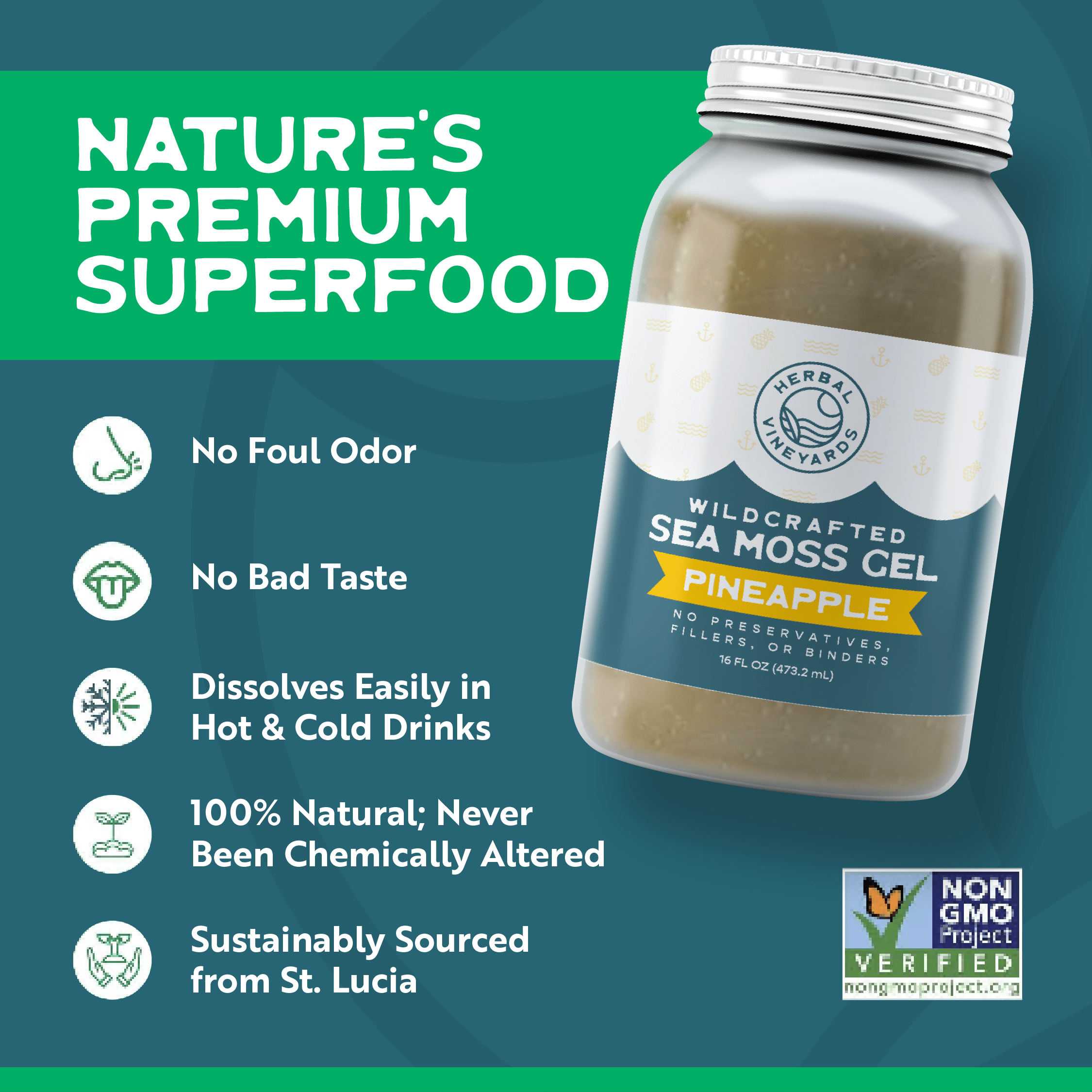 Herbal Vineyards pineapple sea moss gel in a clear jar with a golden spoon, showcasing the vibrant yellow gel and fresh pineapple slices.