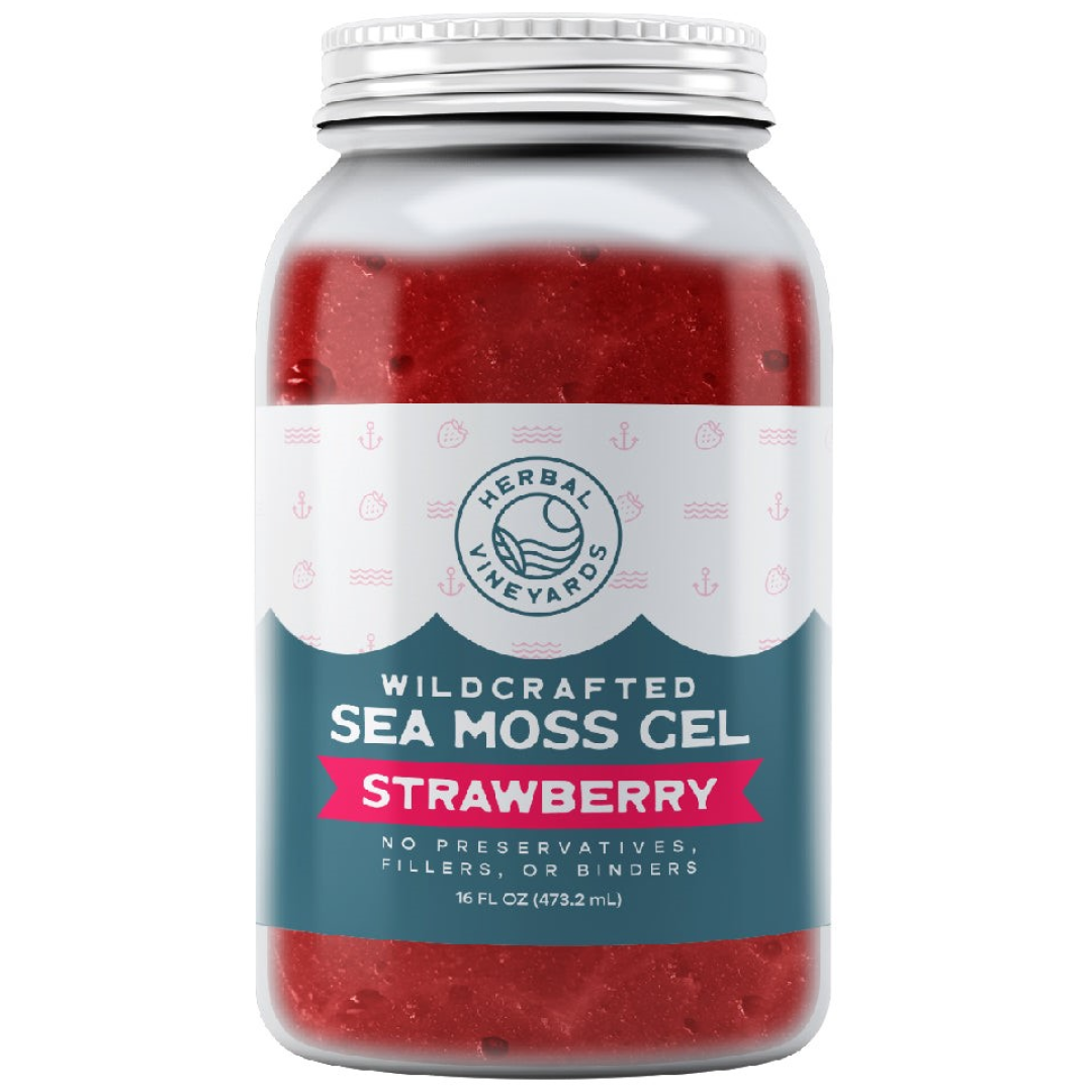 Herbal Vineyards strawberry sea moss gel in a clear jar, showcasing the vibrant pink gel and fresh strawberries on the label.