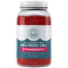 Herbal Vineyards strawberry sea moss gel in a clear jar, showcasing the vibrant pink gel and fresh strawberries on the label.