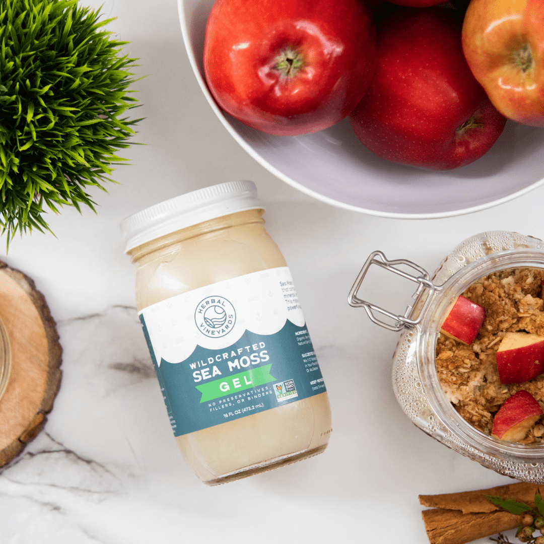 Herbal Vineyards exclusive gold sea moss gel in a clear jar, showcasing its rich golden color and smooth texture.