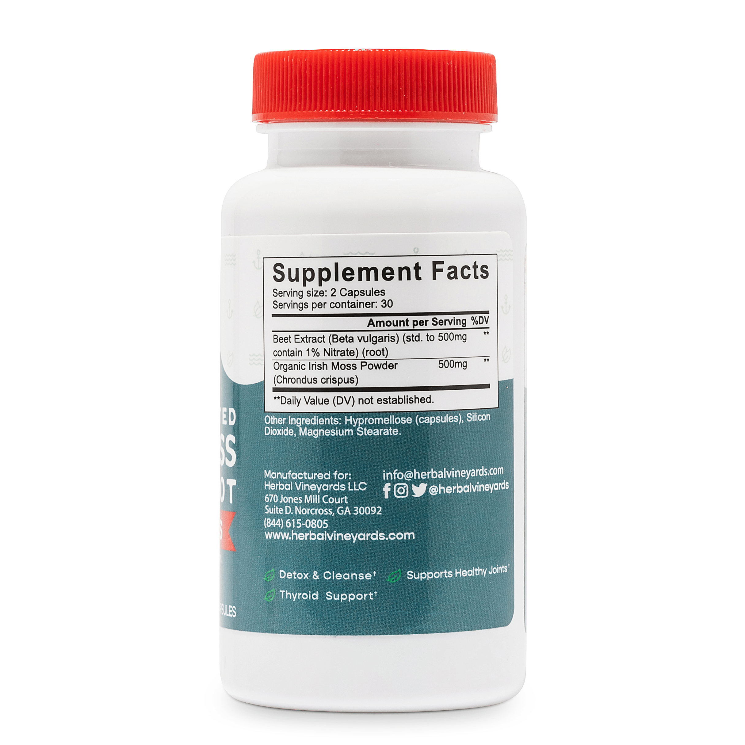 Herbal Vineyards Organic Sea Moss and Beet Root Capsules bottle with 60 capsules, showing the product label and capsules inside.