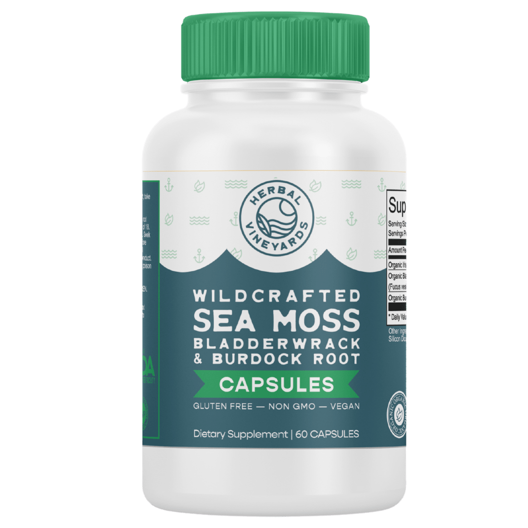 Herbal Vineyards organic sea moss, bladderwrack, and burdock root capsules in a bottle, showing 60 vegetable capsules.
