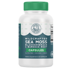 Herbal Vineyards organic sea moss, bladderwrack, and burdock root capsules in a bottle, showing 60 vegetable capsules.