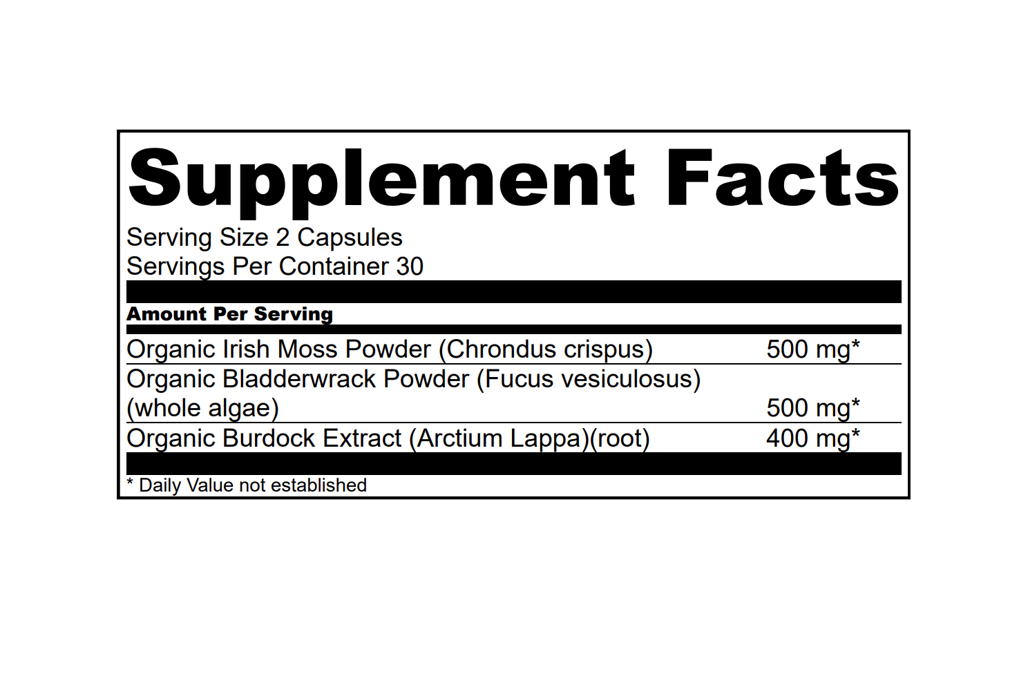 Herbal Vineyards organic sea moss, bladderwrack, and burdock root capsules in a bottle with supplement facts label.