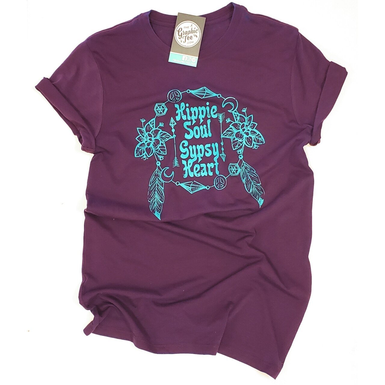 Blue and purple graphic tee featuring hippie soul and gypsy heart design from The Graphic Tee, short sleeve unisex t-shirt.