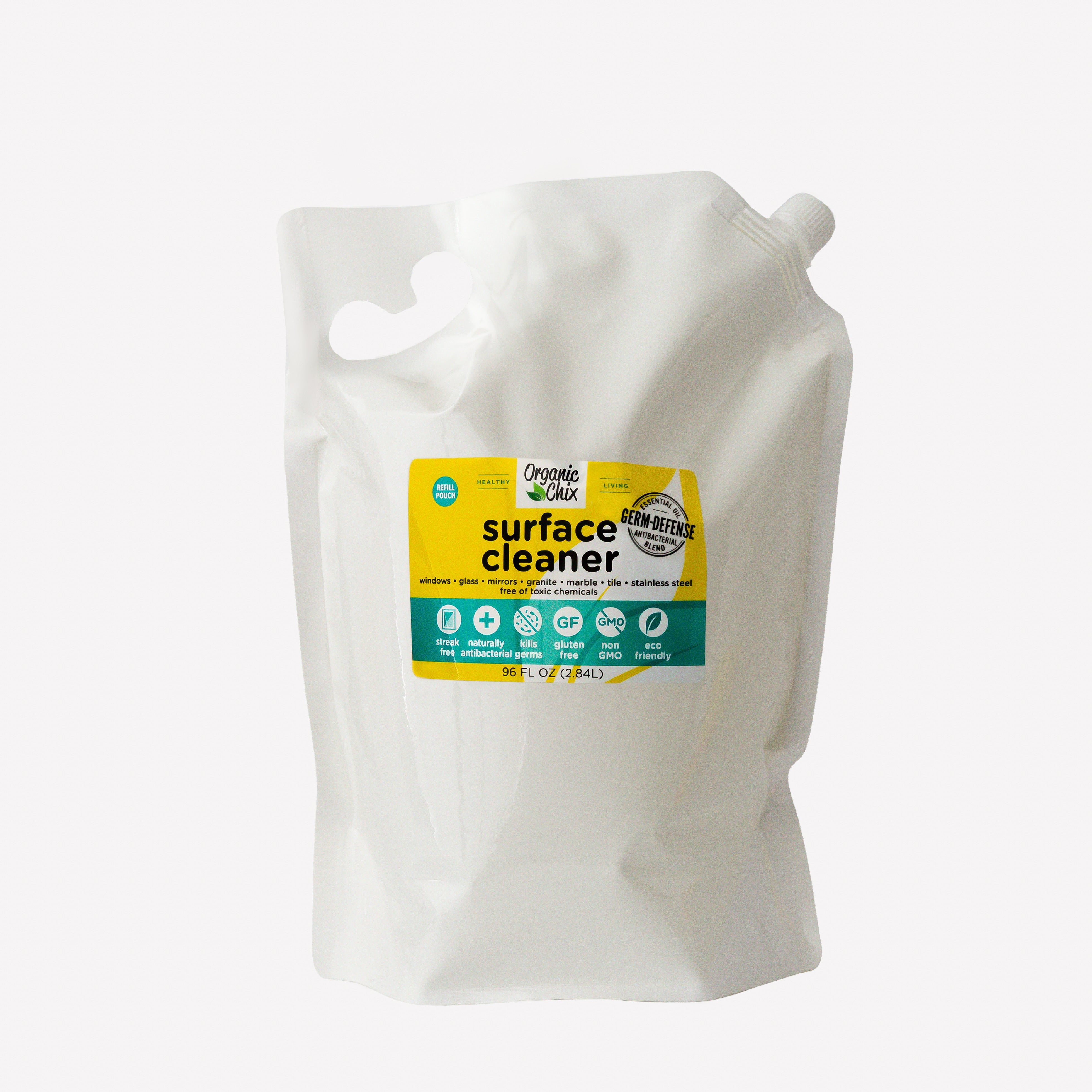 Organic Chix all purpose surface cleaner bottle with refill options, showcasing a healthy cleaning product for household surfaces.