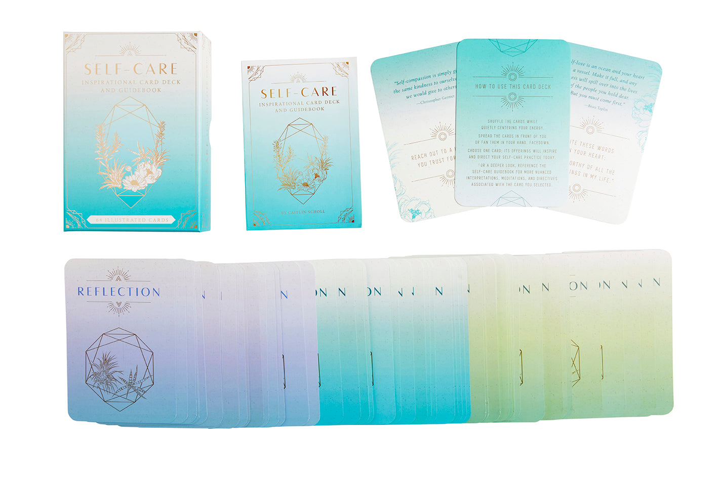 Insight Editions Self-Care card deck featuring colorful cards with motivational and calming messages for wellness and relaxation.