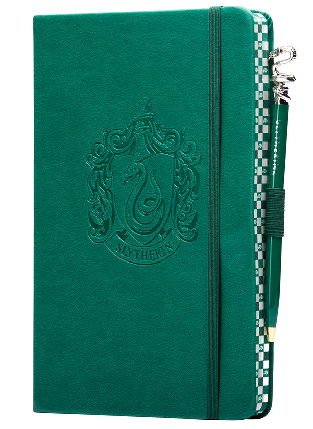 Slytherin Harry Potter softcover journal with pen, flexible hardcover, featuring Slytherin crest and magical design by Insight Editions.