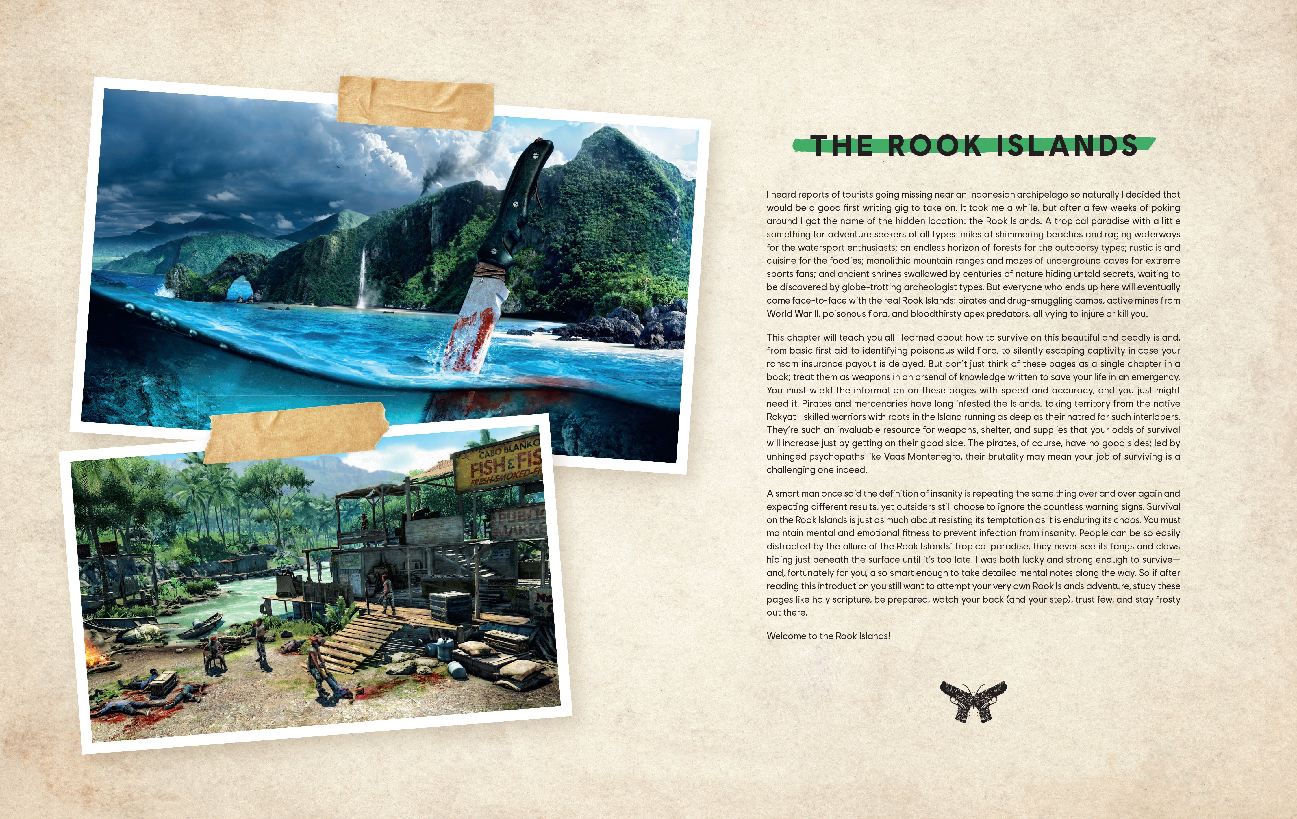 Flexibound copy of The Official Far Cry Survival Manual by Insight Editions featuring game-inspired design and detailed survival tips.