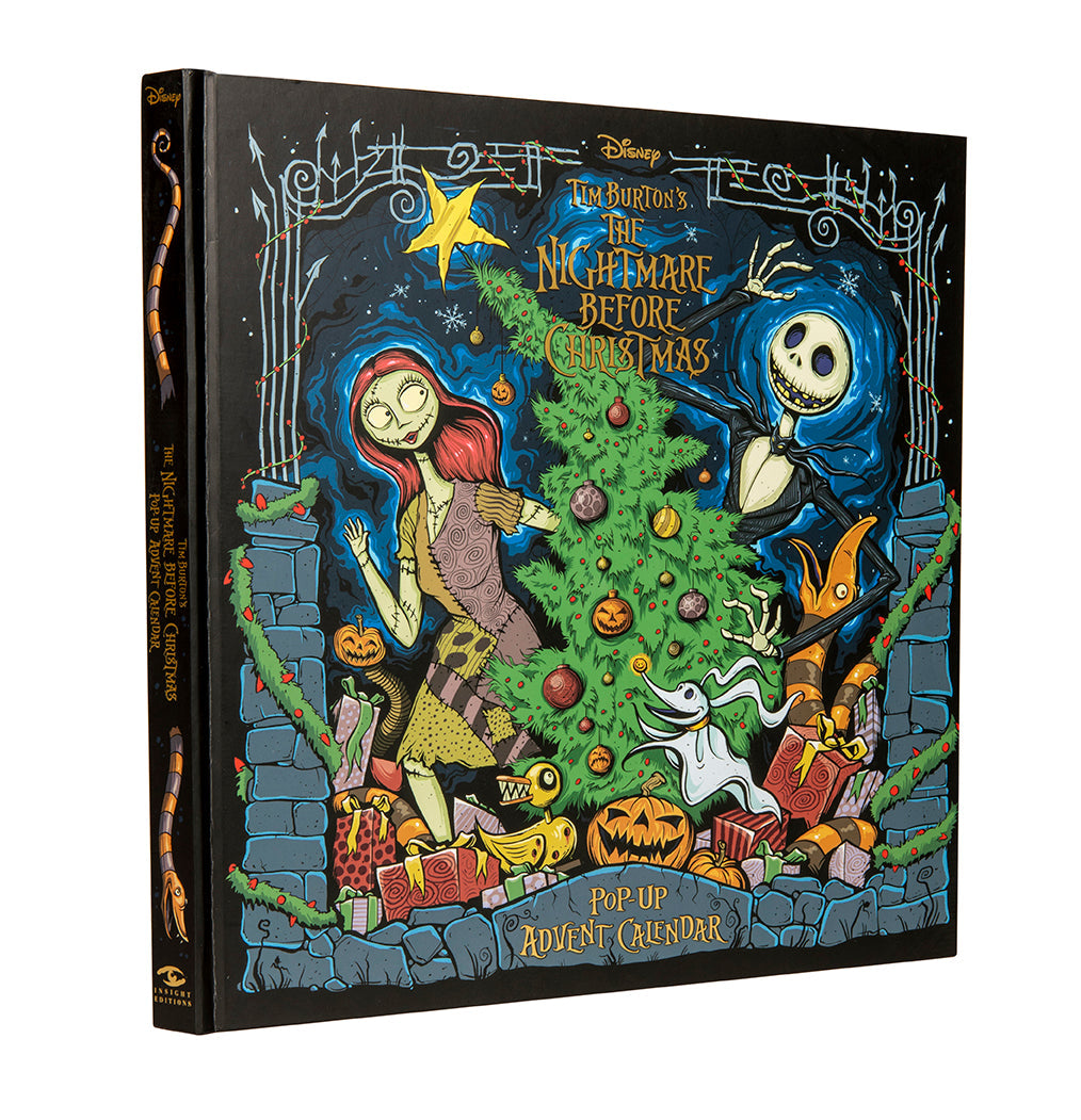Hardbound The Nightmare Before Christmas pop-up book and advent calendar by Insight Editions with intricate holiday-themed illustrations.
