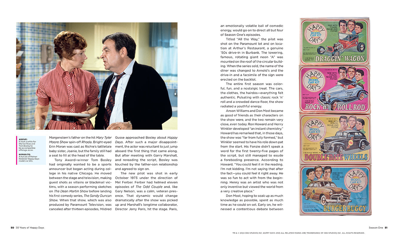 Hardcover book titled "50 Years of Happy Days" by Insight Editions, featuring cover art celebrating the classic TV show.