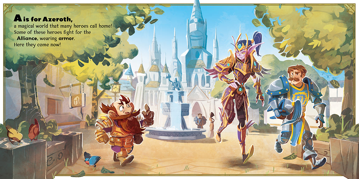 Hardcover book titled "A is for Azeroth" by Insight Editions, featuring colorful fantasy-themed cover art.