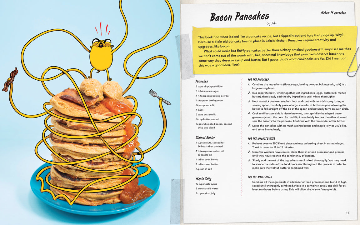 Hardcover of Adventure Time: The Official Cookbook by Insight Editions showing colorful recipe pages and cartoon character illustrations.
