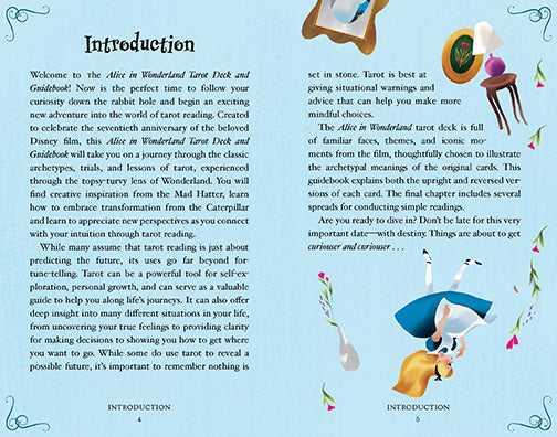 Hardcover Alice in Wonderland Tarot Deck and Guidebook by Insight Editions, featuring whimsical card illustrations and guidance pages.