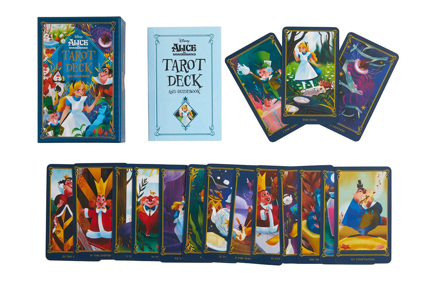 Hardcover Alice in Wonderland Tarot Deck and Guidebook by Insight Editions featuring whimsical card illustrations and mystical symbolism.