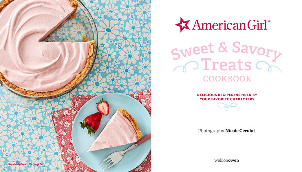 Hardcover American Girl Sweet & Savory Treats Cookbook by Insight Editions, featuring colorful dessert and snack illustrations.