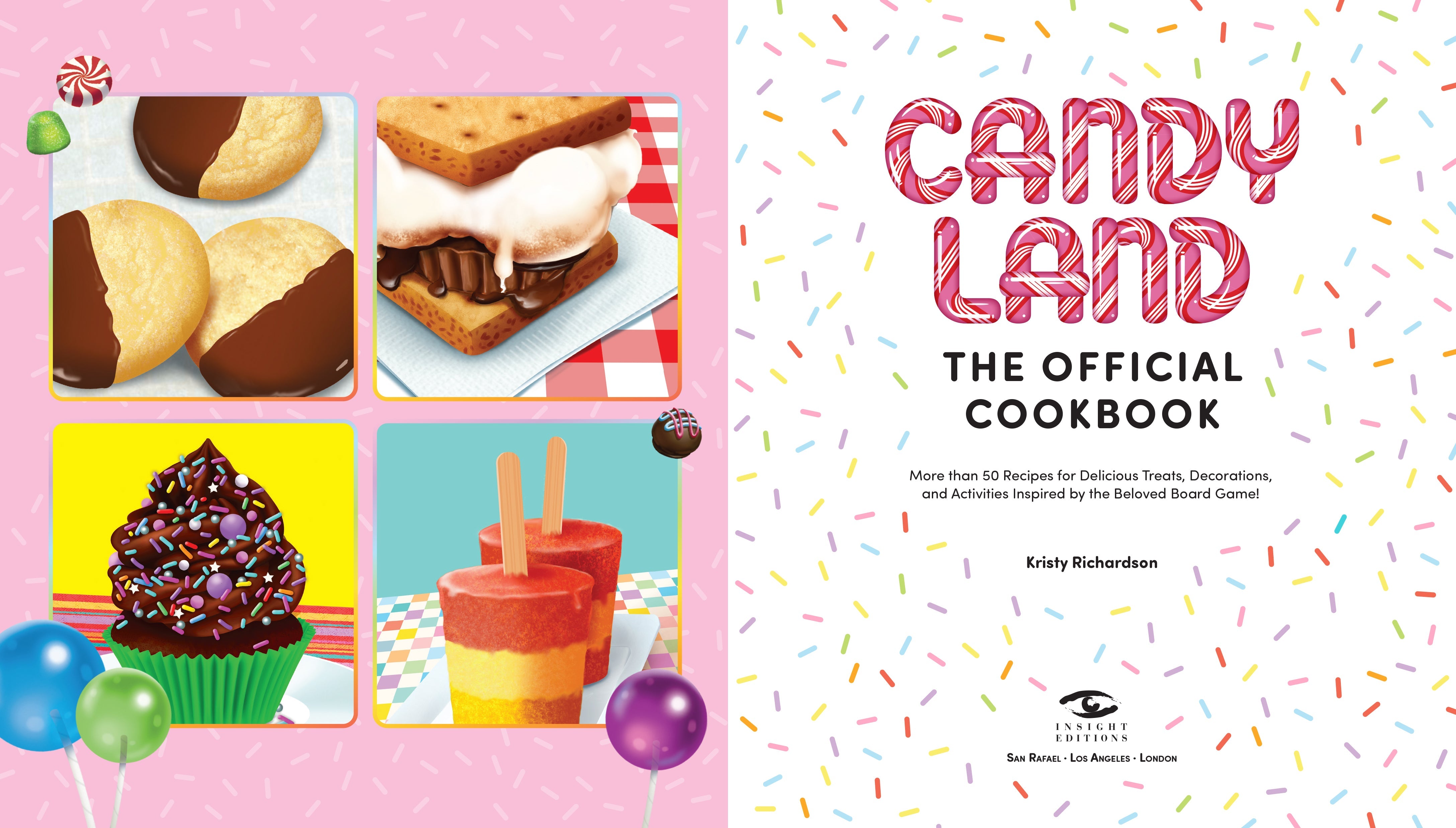 Hardcover copy of Candy Land: The Official Cookbook by Insight Editions, featuring colorful game-inspired recipes and illustrations.