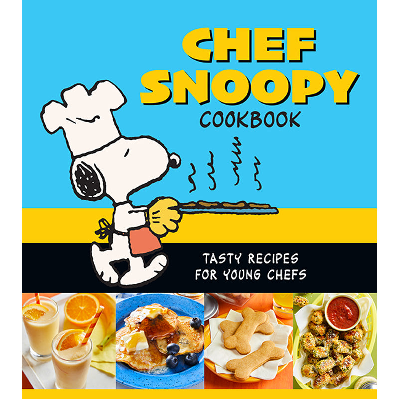 Hardcover Chef Snoopy Cookbook by Insight Editions featuring Snoopy sitting at a kitchen counter with cooking utensils.