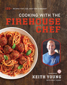 Hardcover cookbook titled "Cooking with the Firehouse Chef" by Insight Editions featuring culinary recipes and firehouse cooking tips.