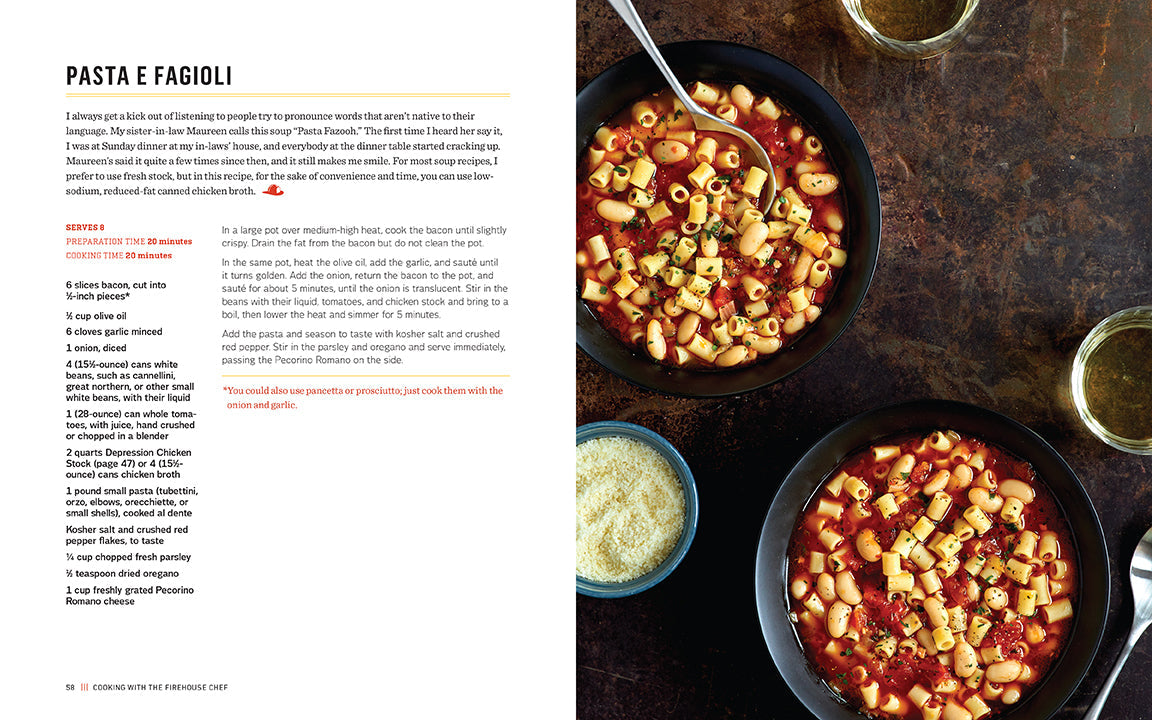 Hardcover book titled "Cooking with the Firehouse Chef" by Insight Editions, featuring culinary recipes and firehouse cooking techniques.
