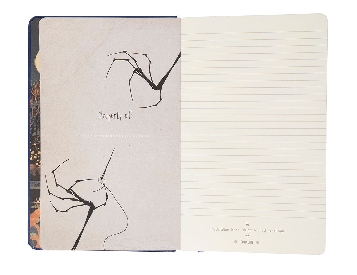 Hardcover Coraline ruled journal by Insight Editions featuring a dark, whimsical cover design with stitched pattern and spine binding.