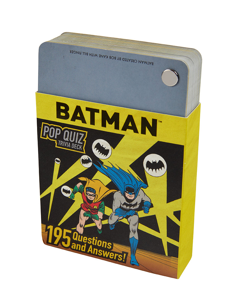 Hardcover DC Comics Batman Pop Quiz Trivia Deck by Insight Editions with colorful Batman-themed design and trivia cards.