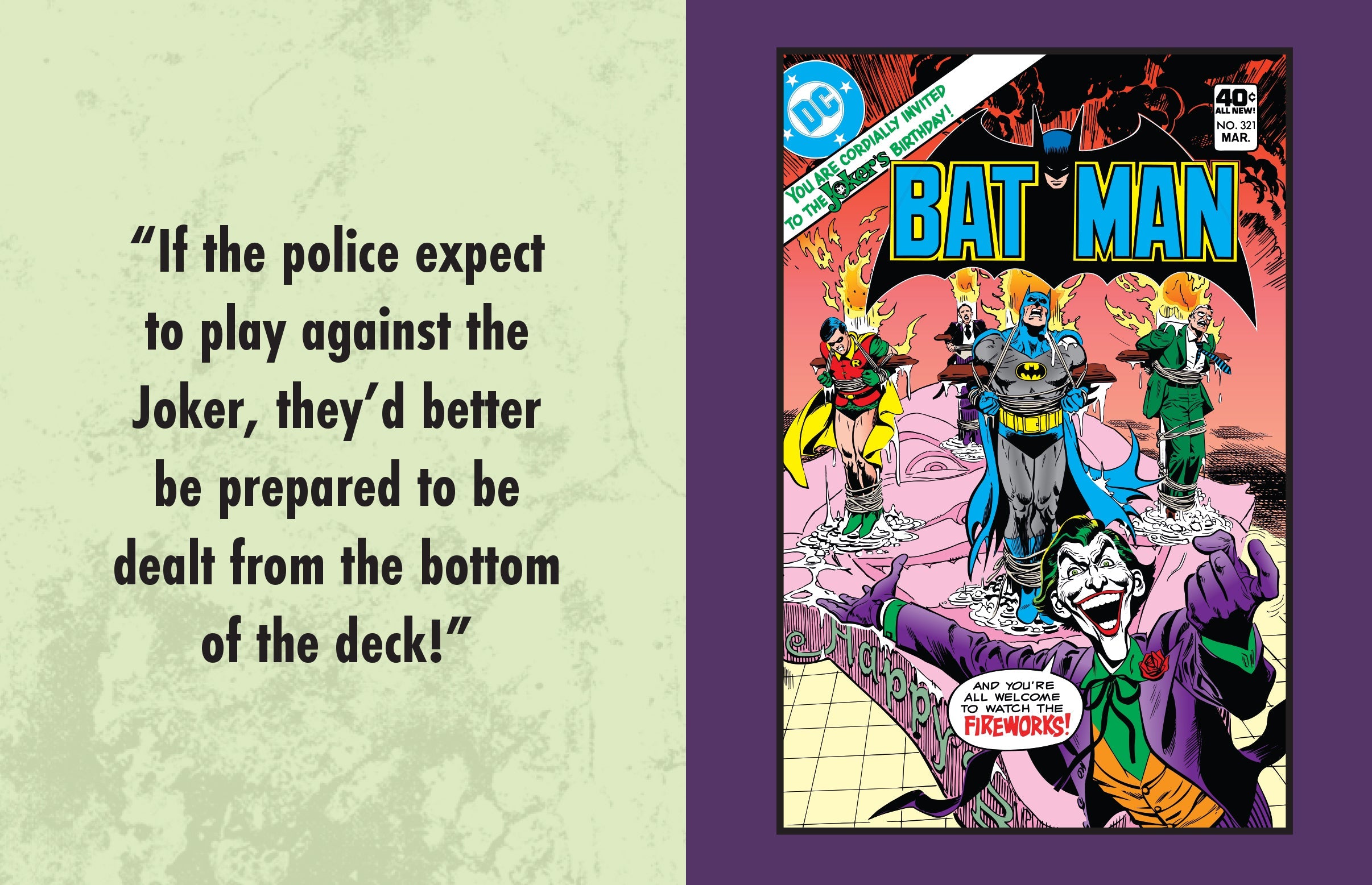 Hardcover book titled "DC Comics: The Joker: Quotes from the Clown Prince of Crime" by Insight Editions with Joker cover art.