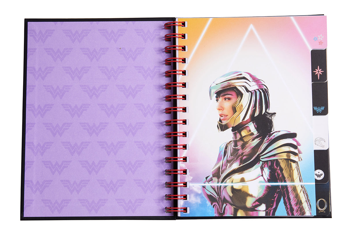 Hardcover Wonder Woman 1984 spiral notebook with DC Comics branding and vibrant superhero artwork on the cover.