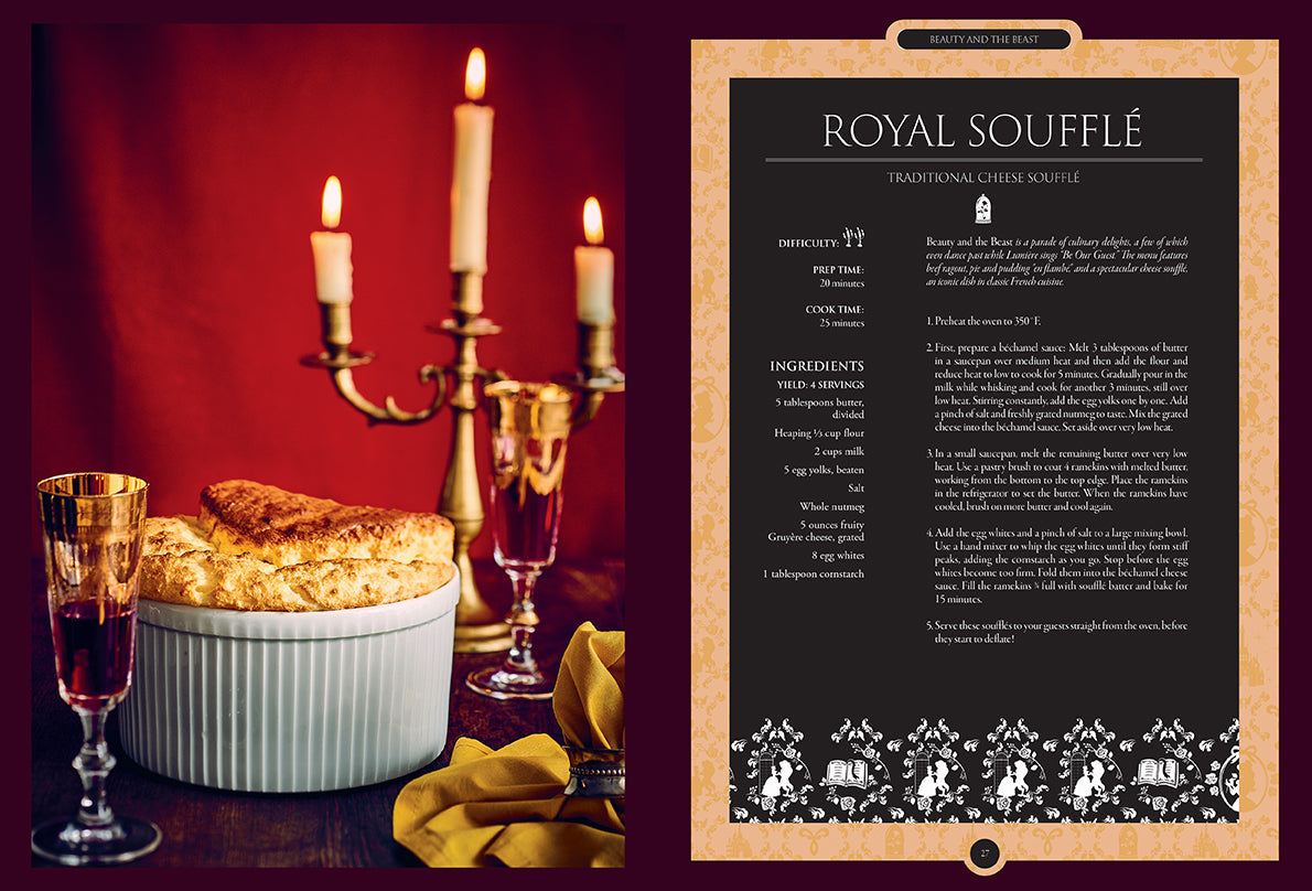 Hardcover Disney Enchanted Recipes Cookbook by Insight Editions featuring colorful pages with magical recipe illustrations.