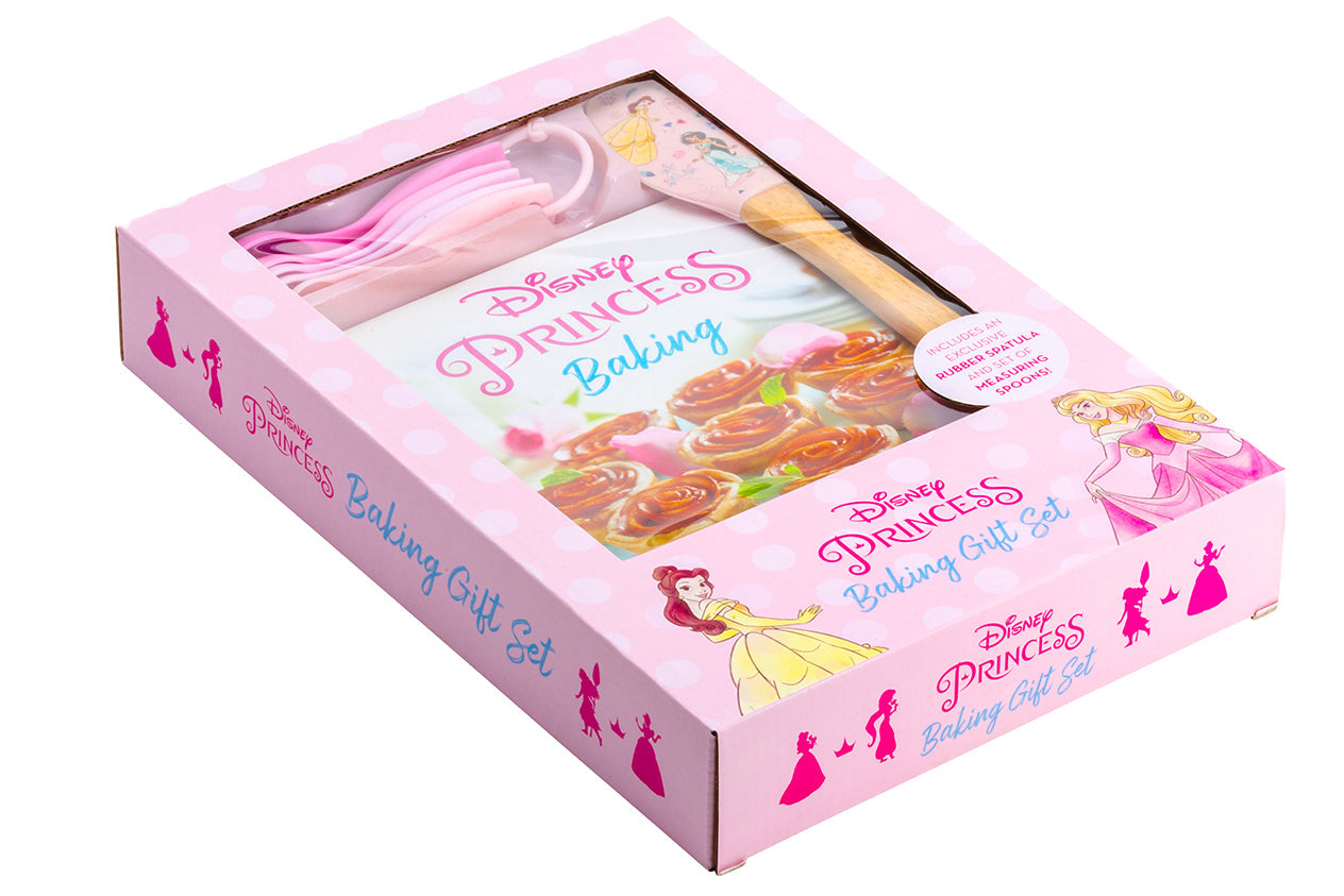 Disney Princess baking gift set in hardcover, featuring fairy-tale themed baking tools and recipe cards from Insight Editions.