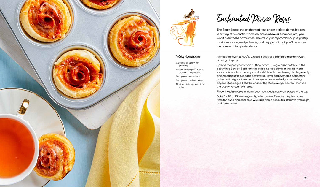 Hardcover Disney Princess Tea Parties Cookbook by Insight Editions showing colorful princess-themed pages and recipes inside.
