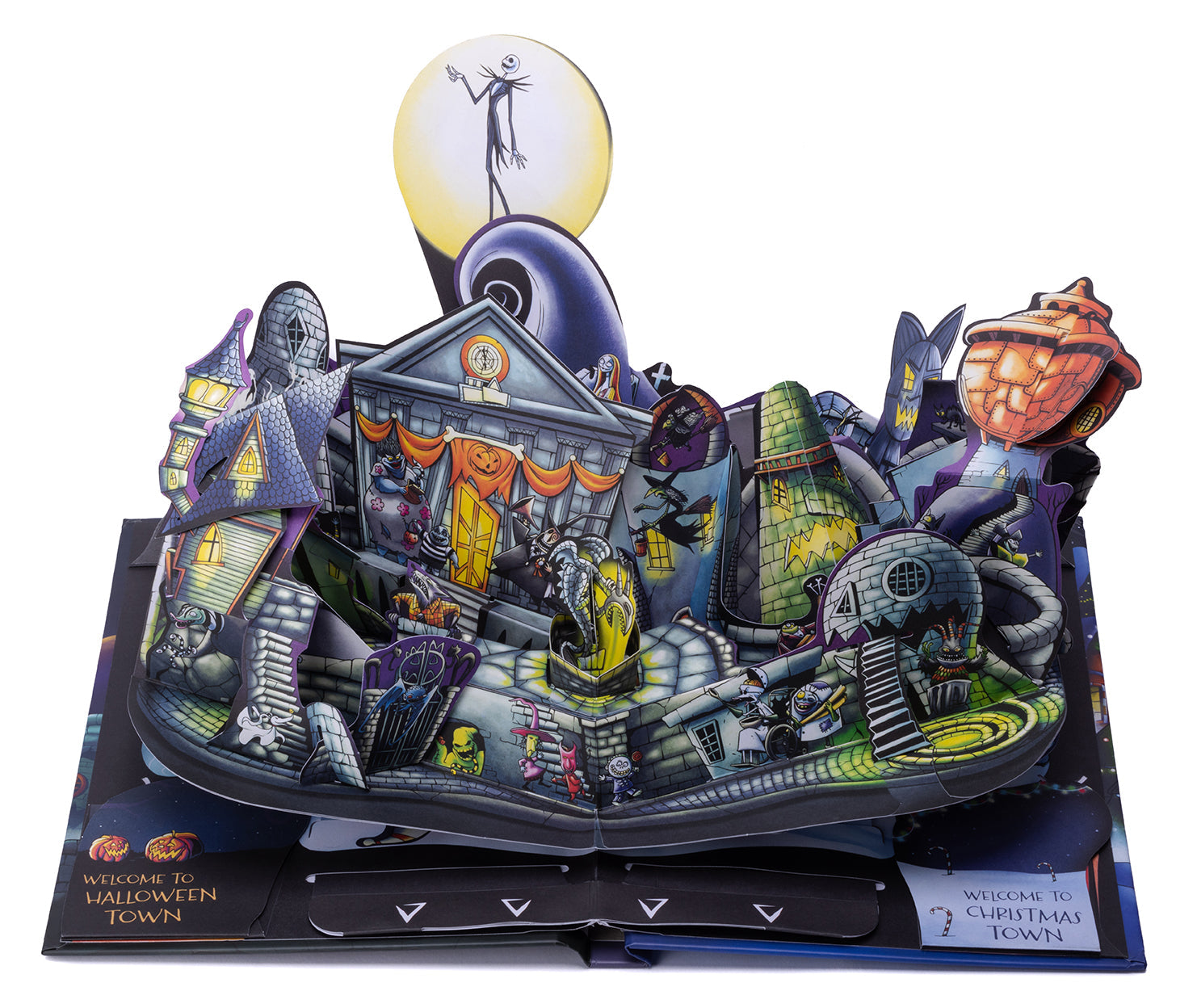 Hardcover of Disney Tim Burton's The Nightmare Before Christmas Pop-Up Holiday Worlds by Insight Editions with intricate holiday-themed pop-up scenes.