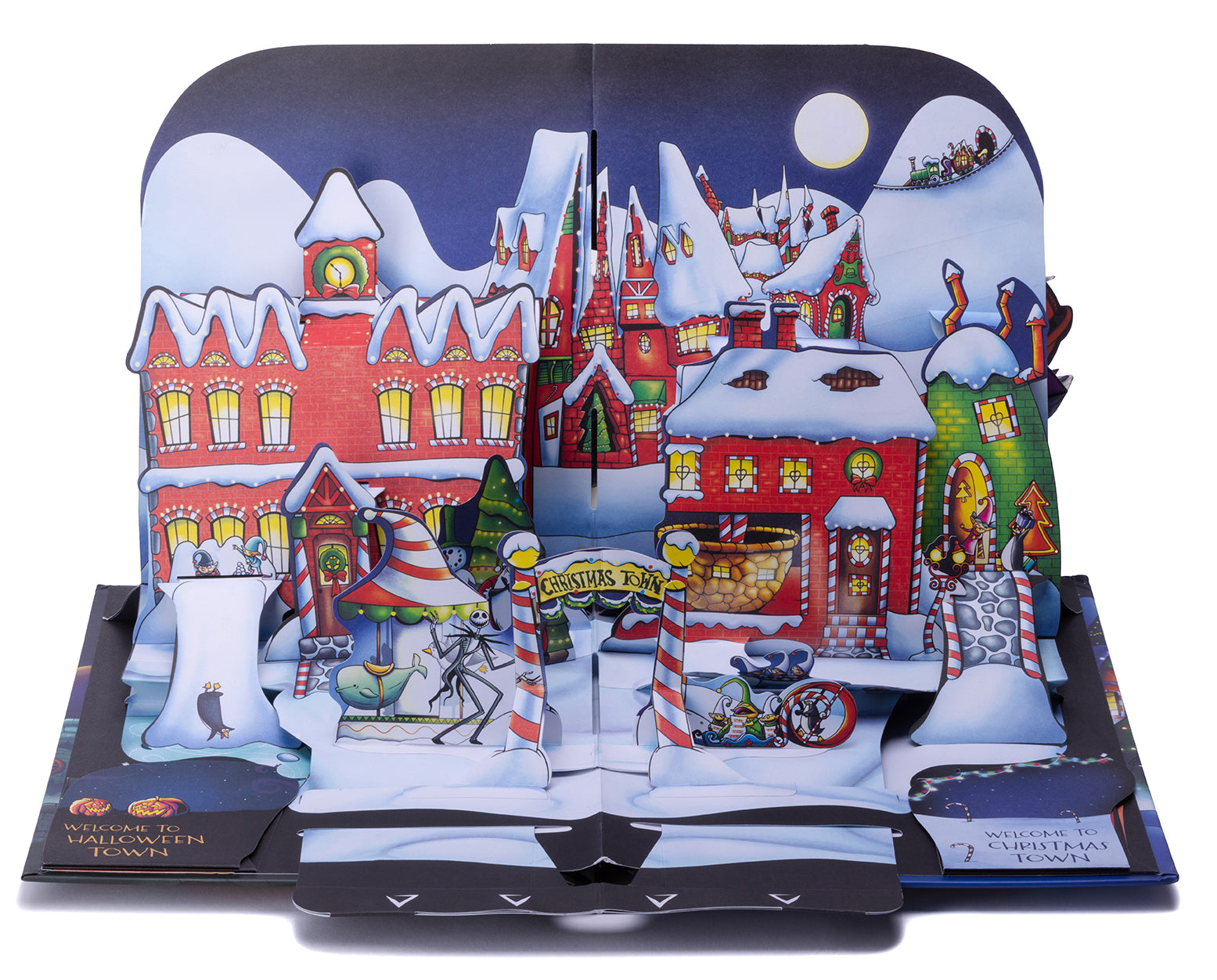 Hardcover of Disney Tim Burton's The Nightmare Before Christmas: Pop-Up Holiday Worlds by Insight Editions, featuring festive pop-up scenes.