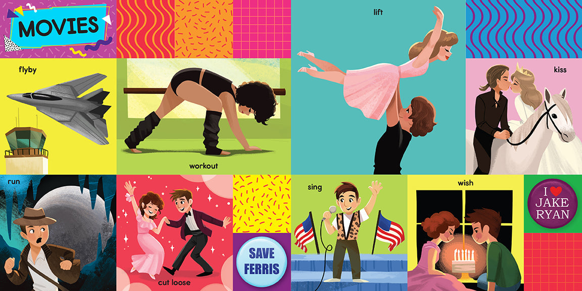 Hardcover book titled "First 100 Words From the 80s" by Insight Editions shown with colorful vintage-inspired cover art.